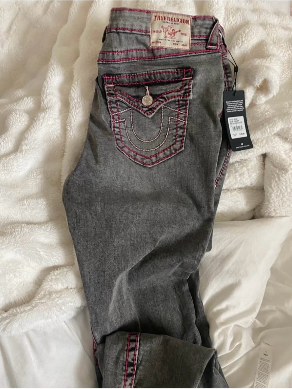 True Religion Midrise Super Skinny Gray Jeans with Pink Contrast Stitching